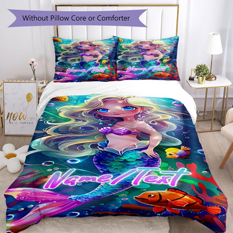 3PC Custom Name Mermaid Fantasy Underwater World Bedding Set Duvet Cover Closure Includes 1 Duvet Cover & 2 Pillowcases for Bedroom