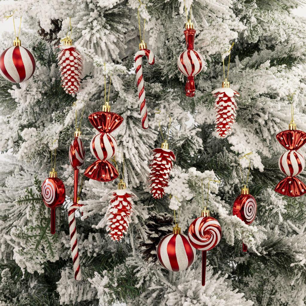 6cm 15-Piece Christmas Ornament Set: Balls, Pine Cones, Lollipops, Candies for Tree Decor and Gifts