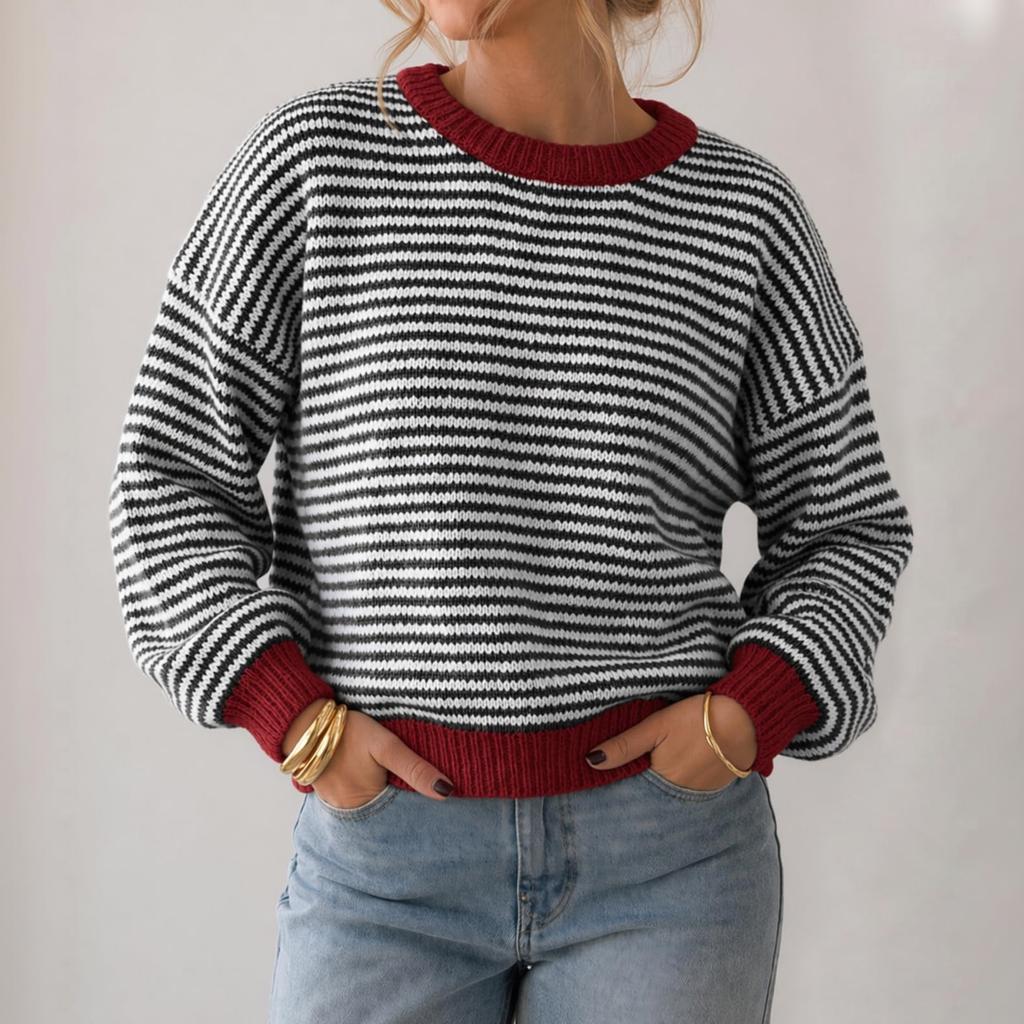 Women's Striped Color Block Knit Pullover Sweater, Round Neck Loose Fit Casual Top for Fall and Winter