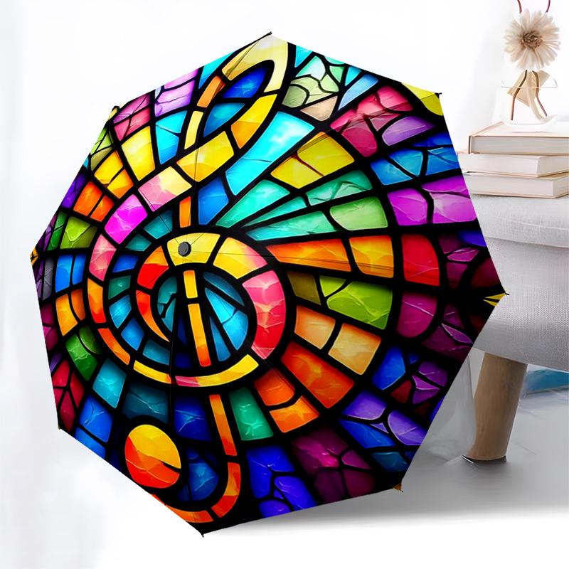 

1pc Colorful Stained Glass Design Automatic Folding Umbrella - Portable 3-Fold Design, 8-Bone Iron Frame Outdoor Umbrella, Perfect Gift for Fans, Trav