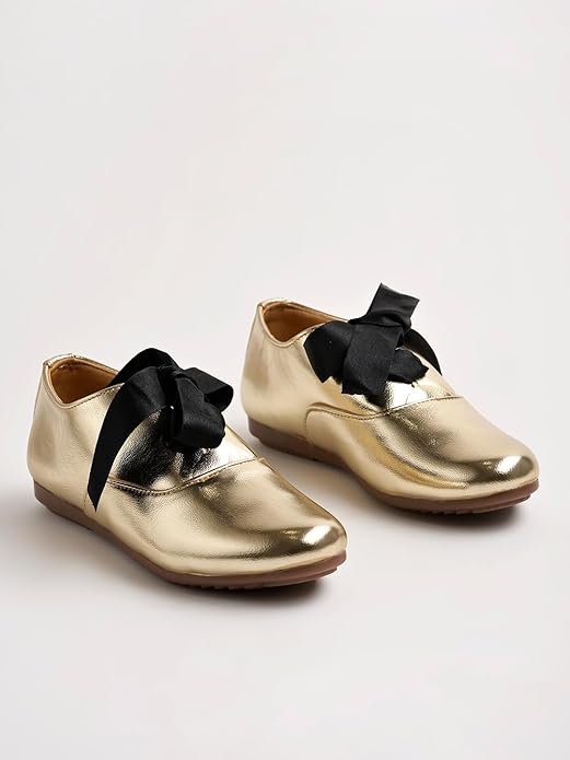 Shoetopia Women Dress Shoes Stylish Metallic Flats with Black Bow Detail, Perfect for Formal & Casual Occasions