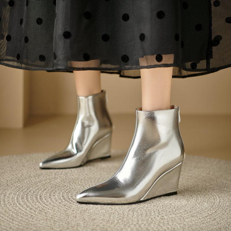 Women's Short Boots Wedge Heel Short Boots Gold Silver Pointed Fashion Boots Thick-soled High-heeled Thin Boots Simple Short Boots