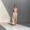Damen Neckholder Ärmelloses Midi-Kleid Figurbetont Hoher Bund Elegant Einfarbig Schlitz Wickelkleid