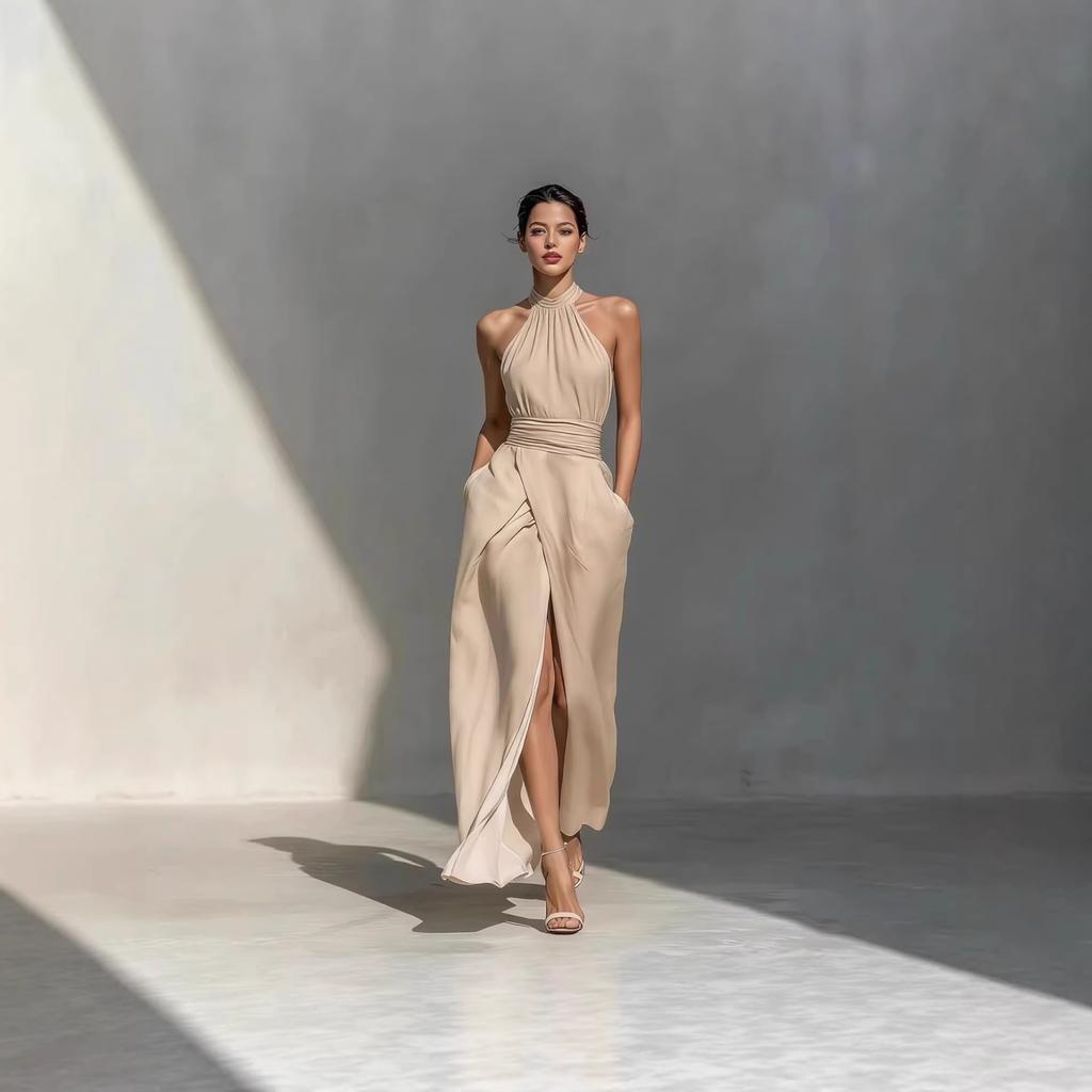 Damen Neckholder Ärmelloses Midi-Kleid Figurbetont Hoher Bund Elegant Einfarbig Schlitz Wickelkleid