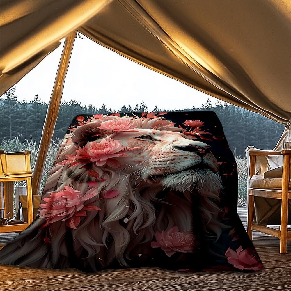 1pc Lion Floral Print Outdoor Soft Polyester Flannel Throw Blanket Versatile for All Seasons , Soft , Cozy , Warm All Season Quilted Throw ,