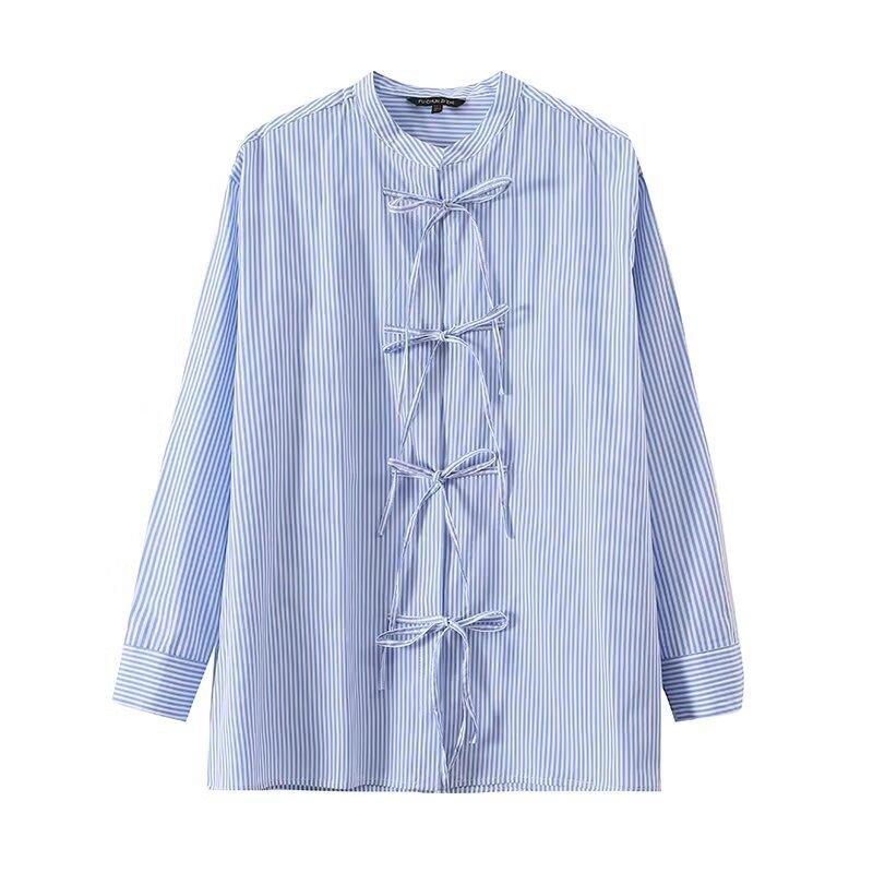 European and American style, new women s clothing, foreign urban commuter style, pure cotton lace-up design striped shirt S