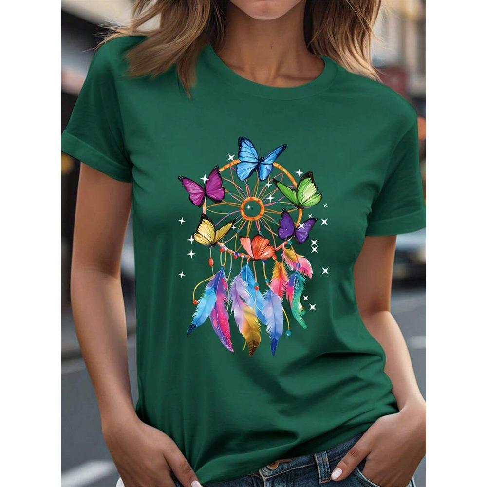 Traumfänger Aufdruck Damen O-Ausschnitt T-Shirt Sommer Täglich Lässig Damen Kurzarm Top Outdoor Street Damenmode T-Shirt