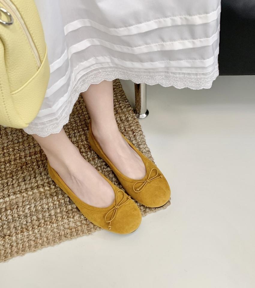 Spring and summer 2025 new bow suede shallow mouth single shoes round head comfortable soft sole not tired feet Doudou women's shoes