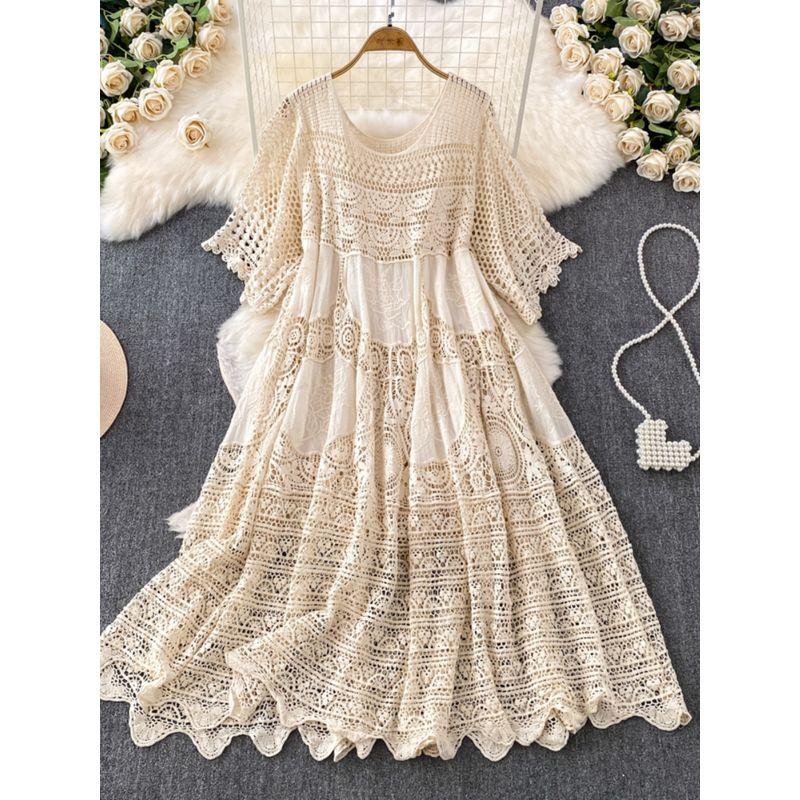 Hollow-out Hook Flower Half Sleeve Elegance Lady Knitting Dress