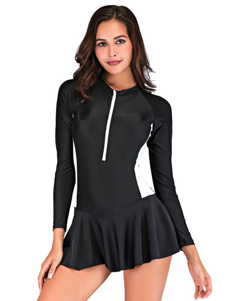 Traje de baño de una pieza conservador para mujer con control de abdomen - Manga larga, Adelgazante, Tallas grandes, Fuente termal
