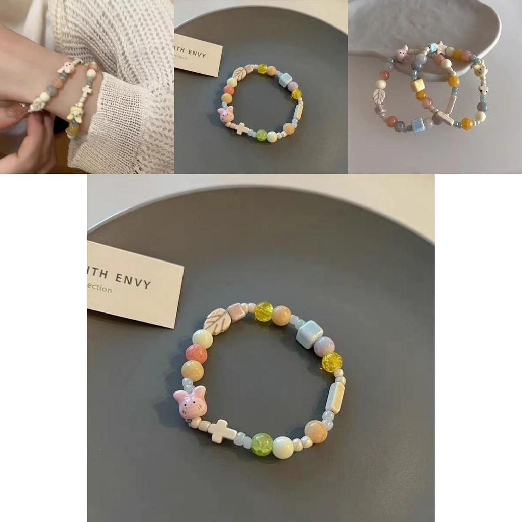 Fresh Summer Fashion Pink Ceramic Rabbit Bead Bracelet Adorable Handcrafted Jewelry