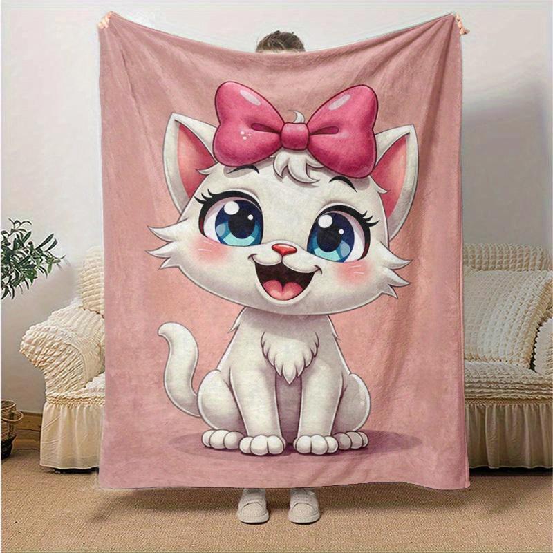 1pc Cute Cartoon Cat with Pink Bow Blanket - Seasonal Home Decor, Throw Blanket for All Seasons, for Decorating Your Own Sofa and Living Roo