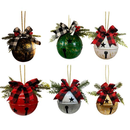 Christmas Bells Ornament Rustic Christmas Jingle Bell with Pine Needles Red Berries Plaid Bow Metal Sleigh Bell Farmhouse Xmas Tree Hanging Decor