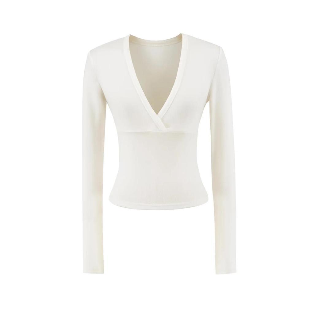 Women's Spicy American Deep V-neck Waist-cinching Long-sleeve T-shirt - Slim Fit for Autumn