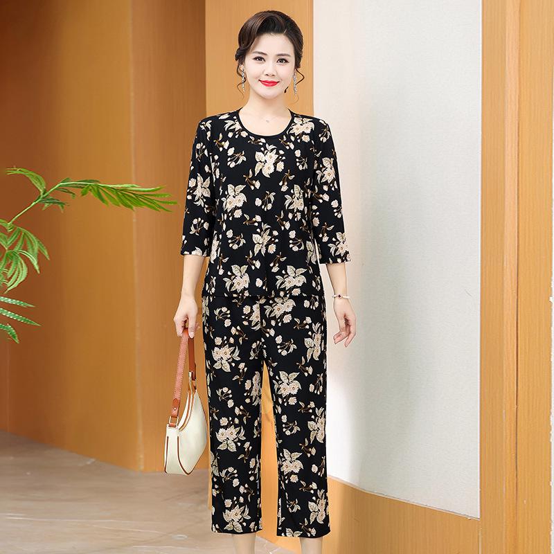 

Stylish Summer Two-Piece Set: Loose-Fit Top & High-Waisted Wide-Leg Pants for Middle-Aged & Elderly Women XL (for 85-100 kg) чёрный