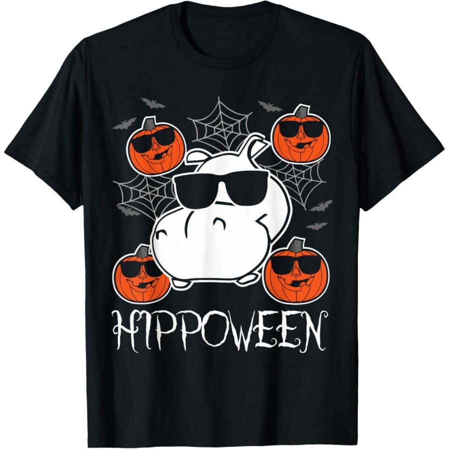 Hippoween Hippo with Glasses Pumpkin Halloween Hippopotamus T-Shirt S