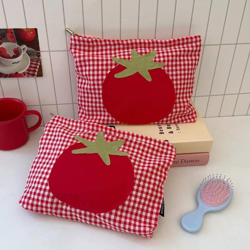 1Pcs Portable Handheld Toiletry Pouch Cute Large Capacity Red Grid Tomato Makeup Bag Minimalist Versatile Cosmetic Organizer