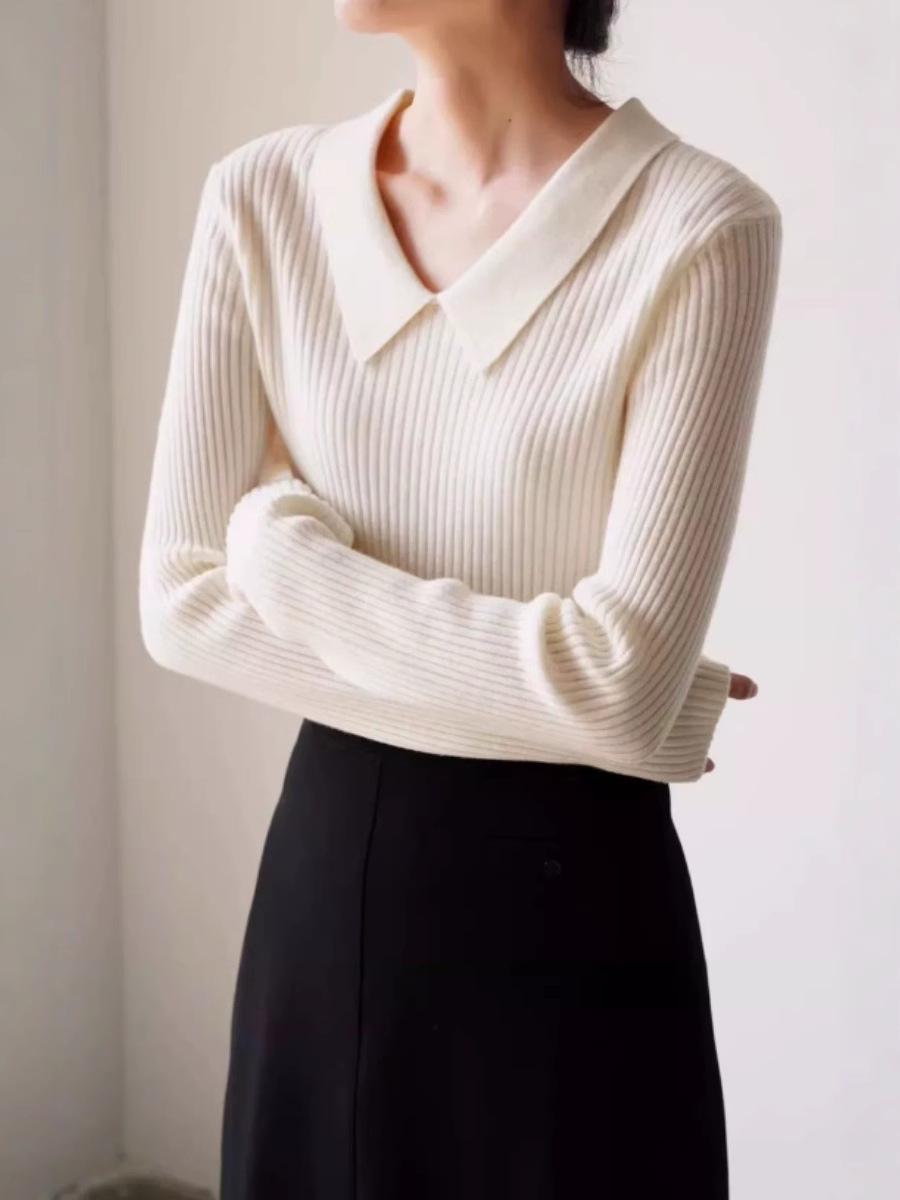 

Women s Pure Wool Ribbed Sweater - Turn-Down Collar, Loose Fit, Warm Pullover Knitwear Medium