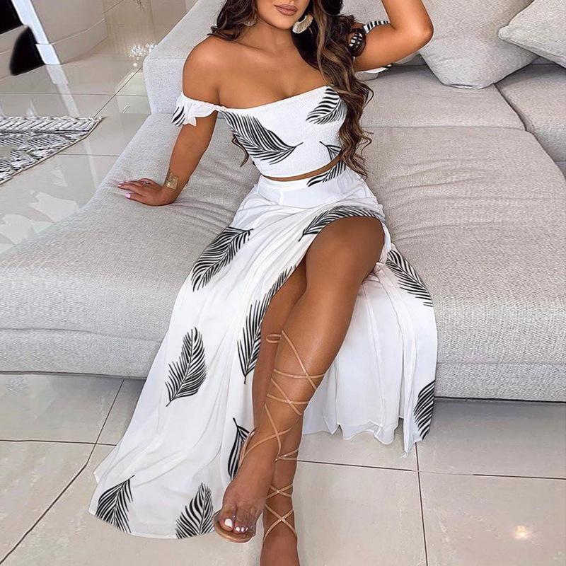 2024 European & American Summer Slim-Fit Strapless Bohemian Mid-Length Vintage Print Dress Set