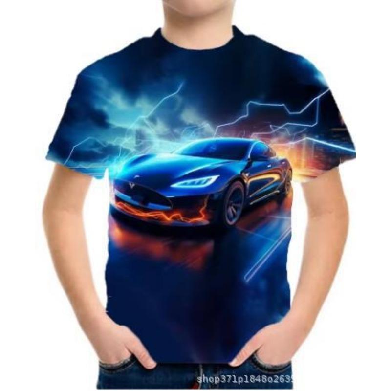 Summer Round Neck 3D Racing Series Printed Top Fashionable Casual Short Sleeved Children's Boy T-shirts