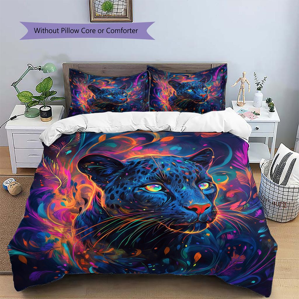 Colorful glowing leopard Pattern Bedding Quilt Set Quilt Cover Pillowcase Home Decoration Gift (1 * duvet cover + 2 * pillowcase, without core)