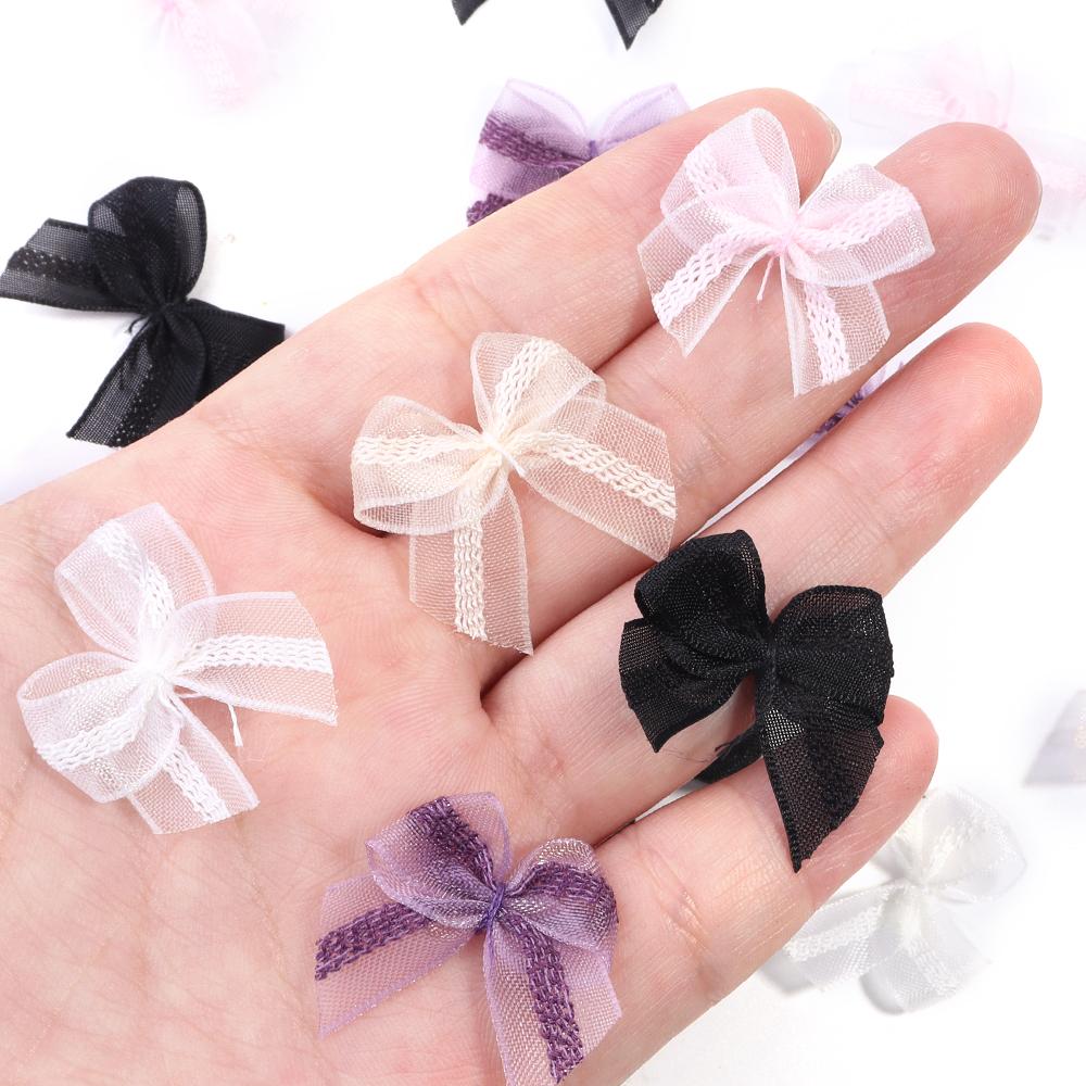 30-60pcs/lot 2.5x2.5cm Mesh Lace Ribbon Bows Mutilcolor Polyester Satin Ribbon Bow Flower DIY Decoration Headwear Accessories