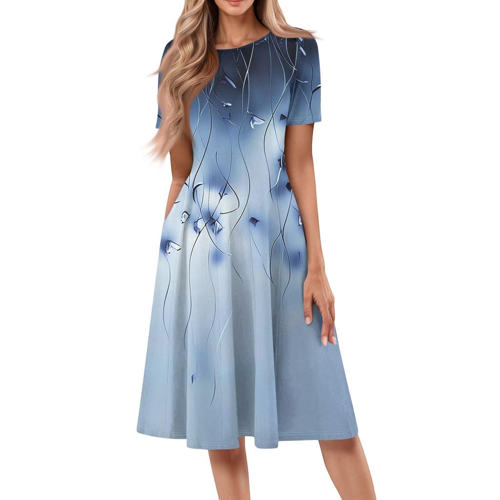 Women's Casual Fashion Round Neck Short Sleeve Print Midi Dress