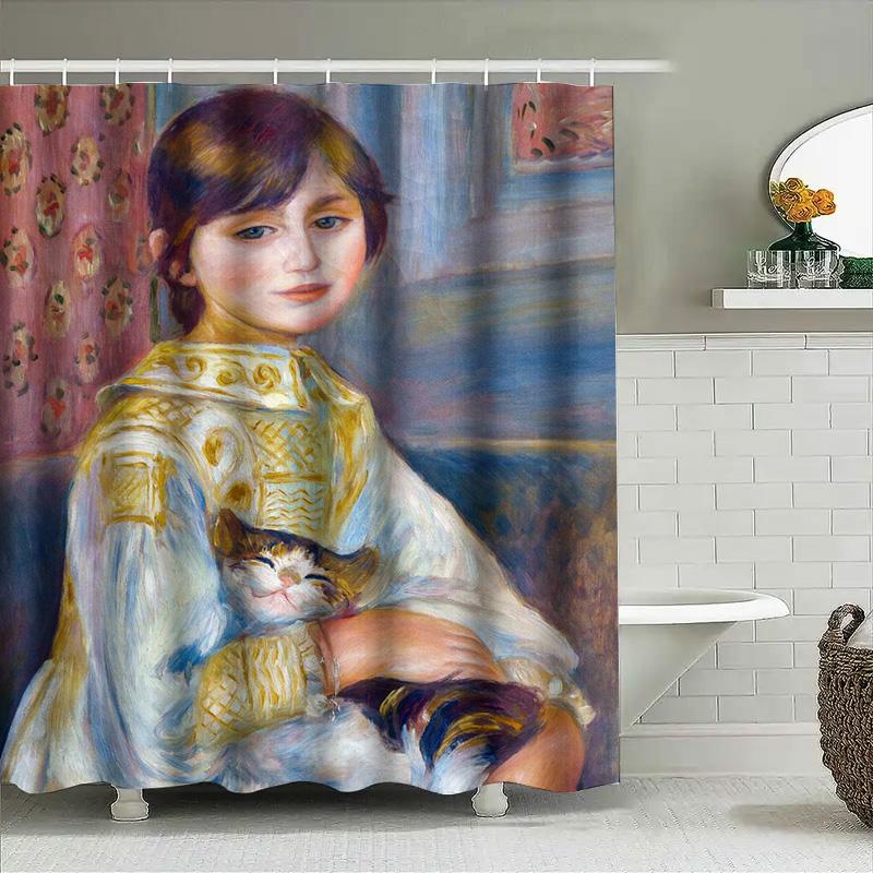 Charming Retro Style Oil Painting Shower Curtain For Home Decor Blue Color With Cat And Woman Design Art Print Waterproof 3D Fab