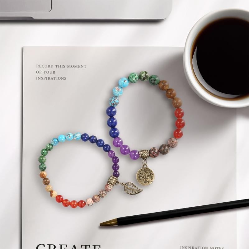 Tree Charm Bracelet Set Agates Bead  Stone Bracelets for Women Man Leaf Pendant Bangles Jewelry Gift