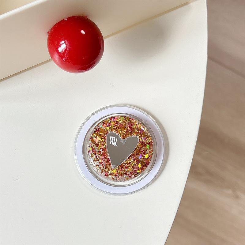 Round Sequin Love Mirror Mobile Phone Holder Airbag Retractable Magnetic Desktop Stand To Watch Dramas And Fold To Carry With You