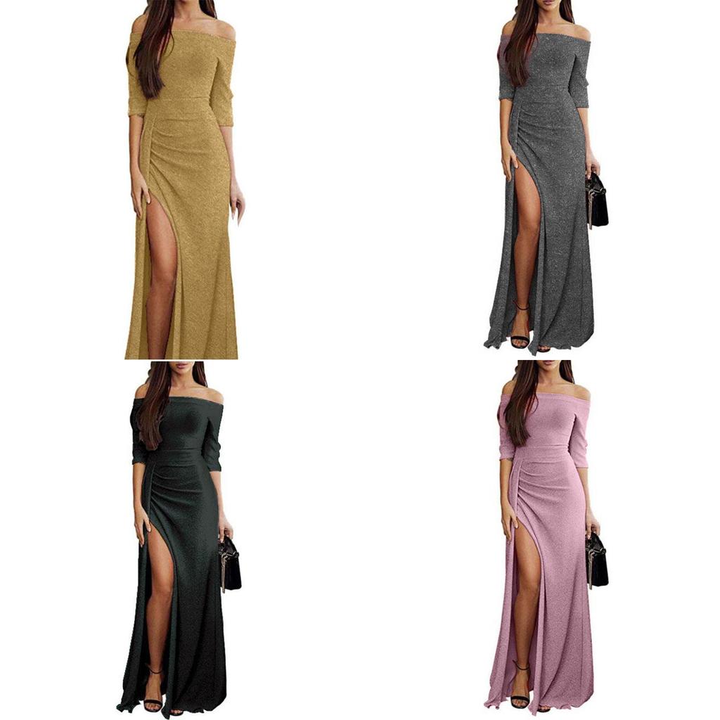 Elegant Women Casual Long Sleeve Patchwork Sequined Off Shoulder Pullover Dress