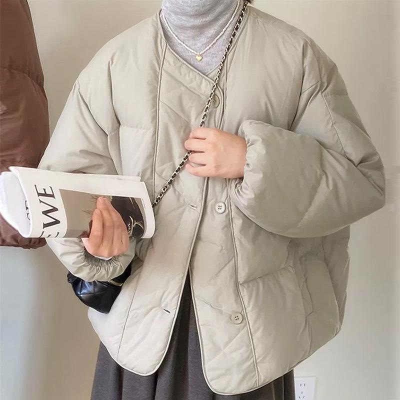 Single-breasted collarless down jacket women's autumn and winter fashion versatile light and thin literary white duck down light coat