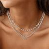 Silbernes doppellagiges Sicherheitsnadel-Kettenhalsband mit kubanischer OT-Schließe 42+46+5cm Gliederkette für Geschenk Hauptmaterial Messing S0870