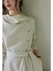 Two Sheep Twilight Linen Long Sleeve Dress: Women's Draped Waist Apricot Cotton