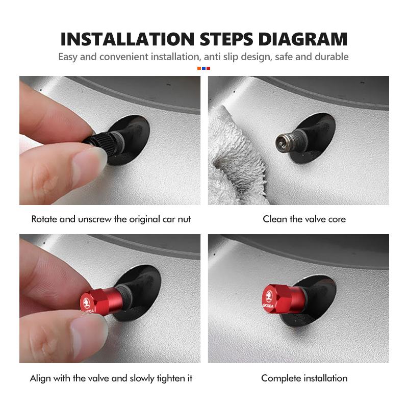 CFP5 For Skoda 4Pcs 3D Metal Tire Valve Caps Car Tyre Air Stems Cover Kamiq MK3 Roomster Rapid Kodiaq Karoq Fabia Enyaq