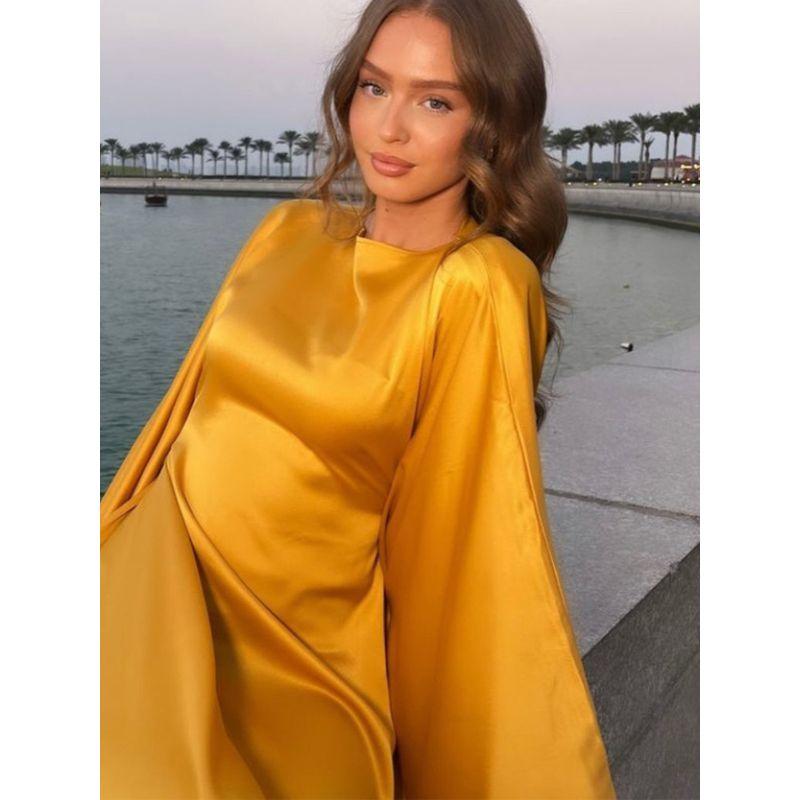 round Neck Satin Batwing Sleeve Loose Dress Catwalk Fashion Long dress Spring round Neck Satin Dress