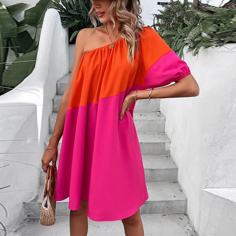 

Весна-лето Женские платья для отдыха на море, свободные, короткие, с одним рукавом, с высокой талией, с цветными блоками, с наклонными плечами, средней длины, S-XL XL розы красного/оранжевый