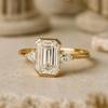 Emerald Cut Moissanite Wedding Ring, Pear Shaped Engagement Ring, Half-Bezel Bridal Ring, Yellow Gold Plated Jewelry
