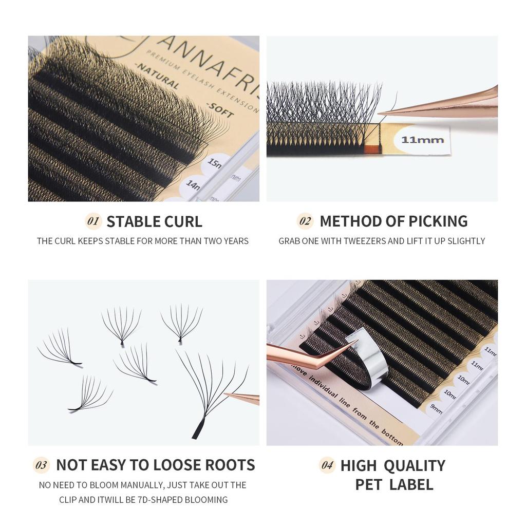 ANNAFRIS 7D W Shape Vipper Pre-laget vifter Øyenvippeforlengelse Naturlig myk 7D W Flower Eyelash