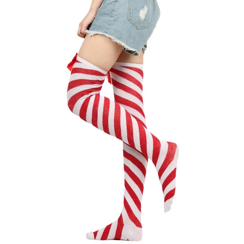 Striped Stockings For Women Over The Knee Long Socks Christmas Green Red Bowknot Long Socks Female Leg Stocking