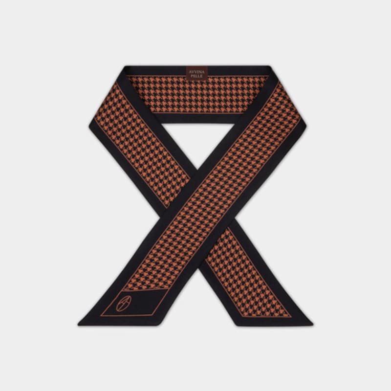 AVVINA PELLE Long Twilly Silk Scarf - Houndstooth Deep Navy/Camel