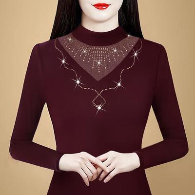 Nuevos Tops Jersey de Primavera Modernos y Elegantes Camiseta Base para Madres de Mediana Edad para Mujer con Camisa de Manga Larga de Diamantes Calientes de Alta Gama
