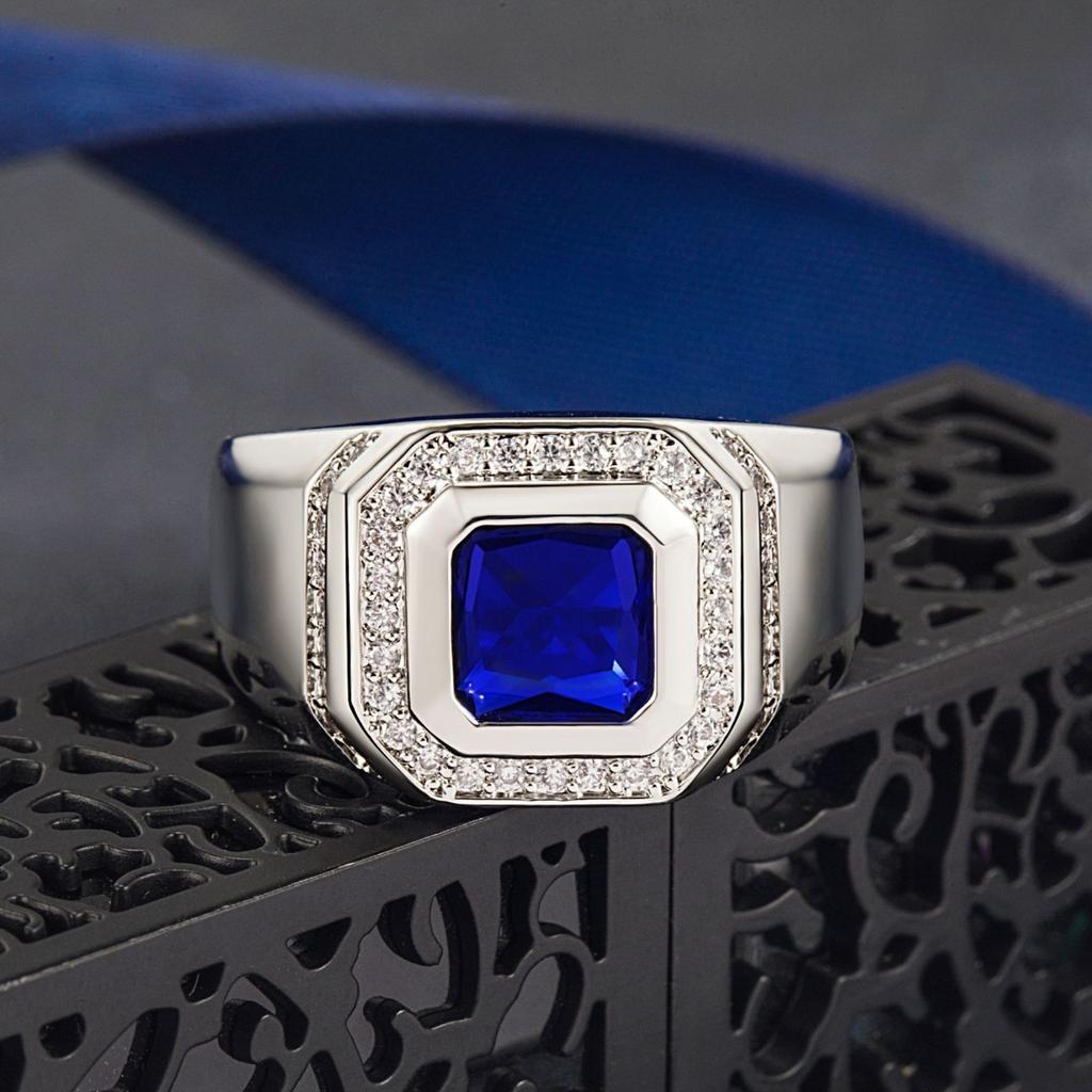 Men's Blue Crystal CZ Stone Ring Luxury Silver Color Engagement Ring Classic Wedding Party Jewelry Valentine's Day Gift