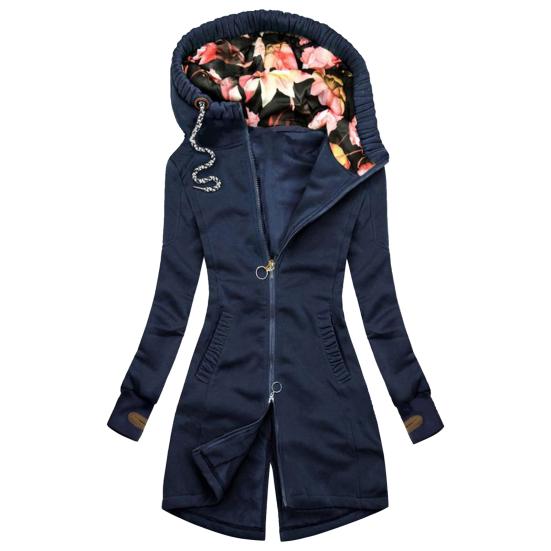 

Женское пальто с капюшоном, цветочный принт, пэчворк, осень-зима, застежка-молния, неровный низ, толстовка для повседневной носки XL синий
