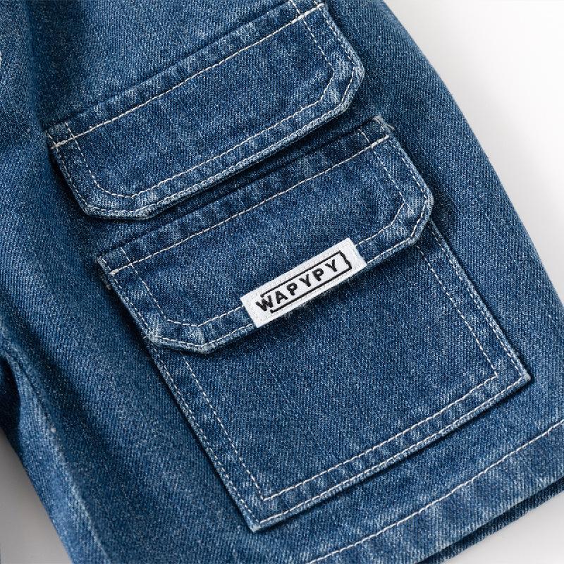 Summer Five Quarter Pants for Boys Fashionable Double Pocket Cover Woven Logo Mid Pants Korean Loose Pants