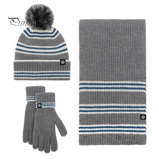

3 шт./комплект унисекс зимняя шапка шарф перчатки комплект толстый плюшевый мяч декор полосатый вязаный теплый шапка перчатки эластичный ветрозащитный зимний на открытом воздухе велосипедный купол серый