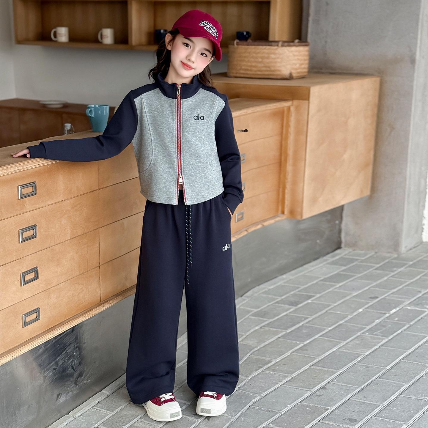 

Girls 2025 Autumn Sporty Jacket & Wide-Leg Pants Two-Piece Set 140 cm