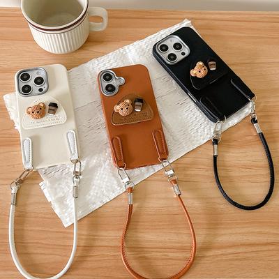 Coffee Bear Airbag Bracket Phone Case for IPhone 16 Promax Phone Case for Apple 15 Handheld Rope 17