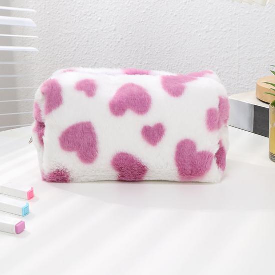 Fuzzy Makeup Bag Fluffy Plush Zipper Cosmetic Pouch with Heart Pattern Cute Pencil Case Travel Toiletry