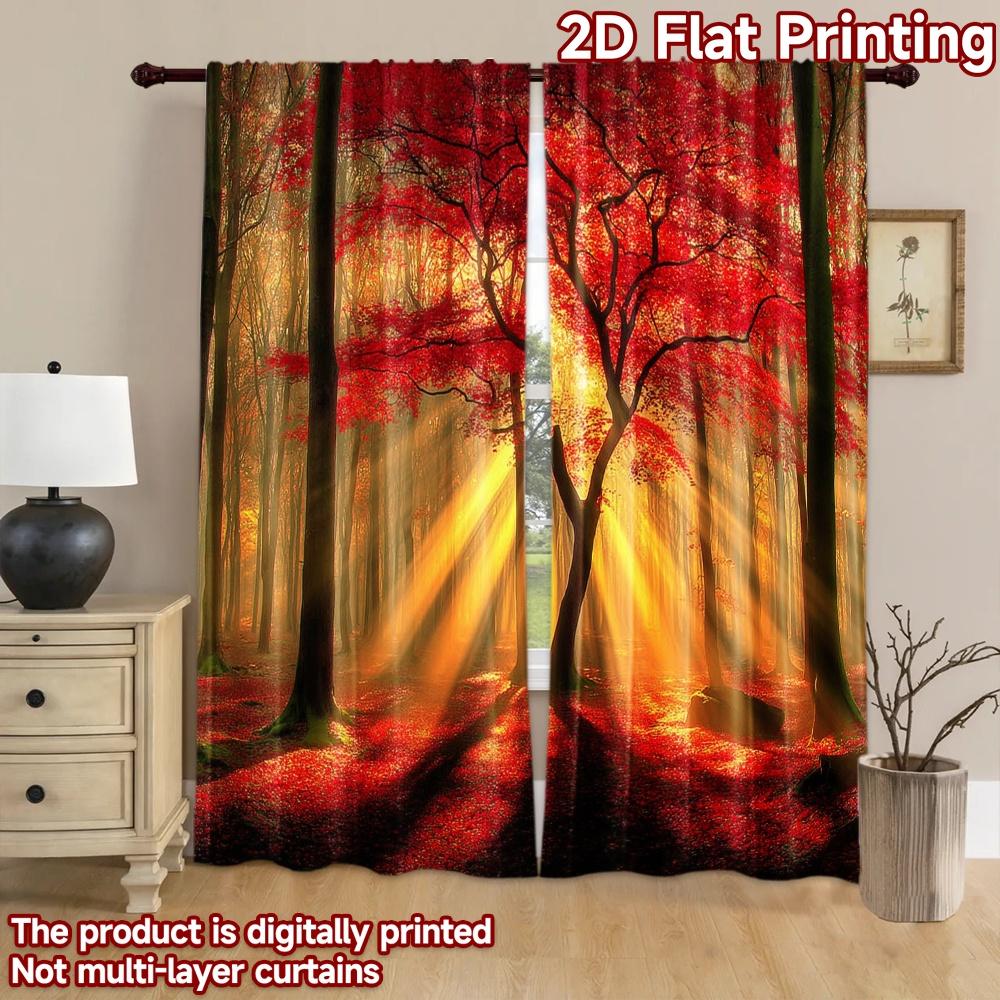 2D Flat Printing 2pcs Scene Curtains Autumn Forest Rays Digital Printed Polyester Drapes Family Party Decoration Perfect for